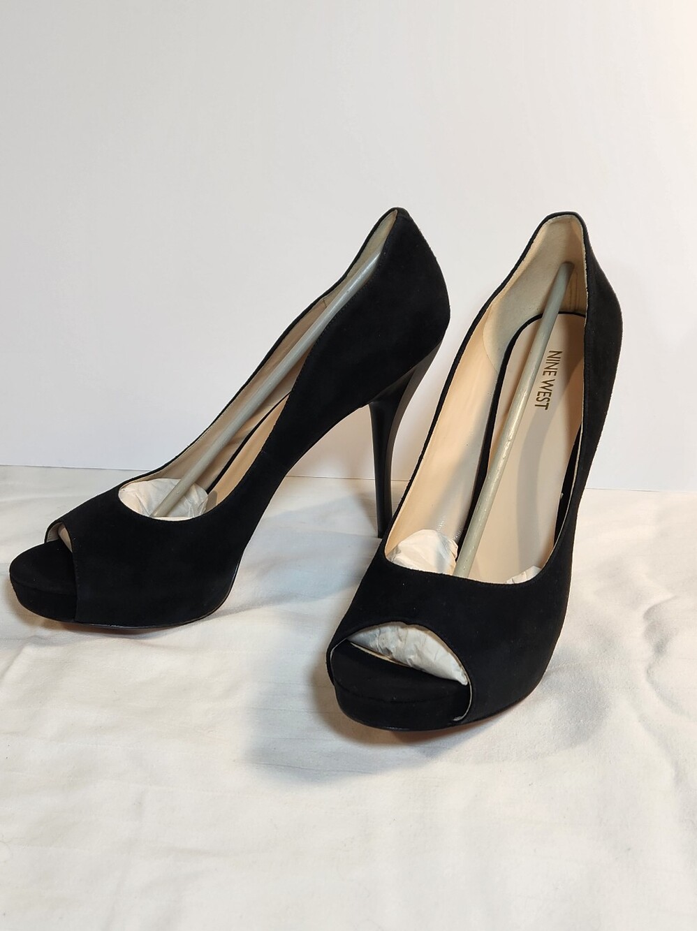 Nine West Black Suede Peep-Toe Stiletto Pumps 4 Inch Heel